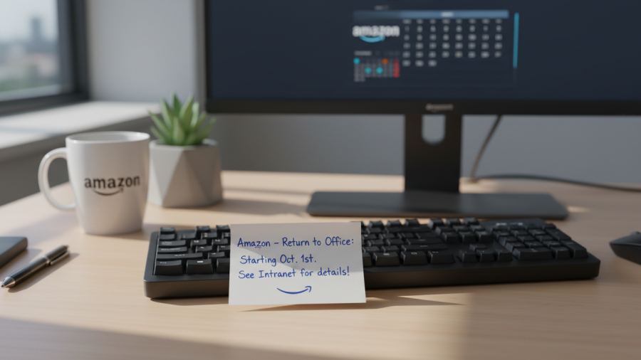 Return to office note on keyboard, representing Amazon's return-to-office concept.