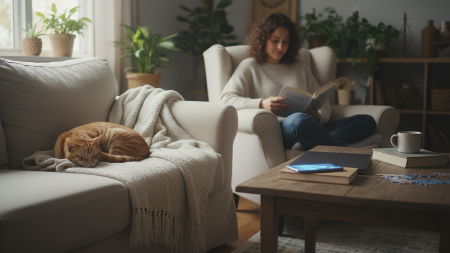 Calm home scene with a relaxed cat, automated litter box enhancing cat health monitoring.