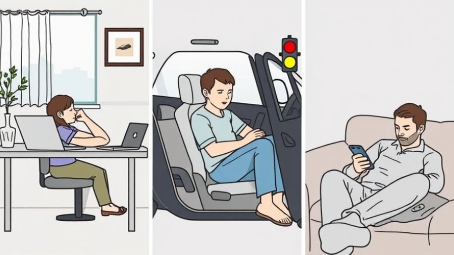Split-scene showing the impact of prolonged sitting on physical activity and sleep.