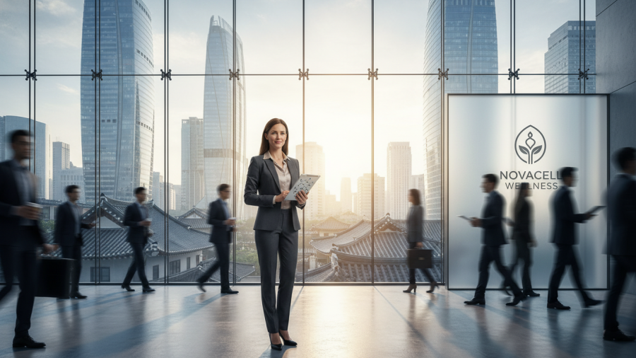 Carrie Strom embodies leadership in medical aesthetics, poised in a modern corporate lobby.