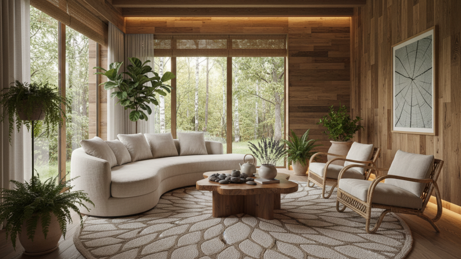 Natural materials and patterns promoting relaxation and decreased stress levels.