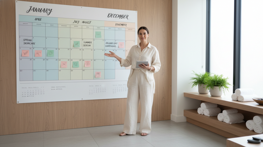 Spa manager reviews colorful content marketing calendar for spa strategies.