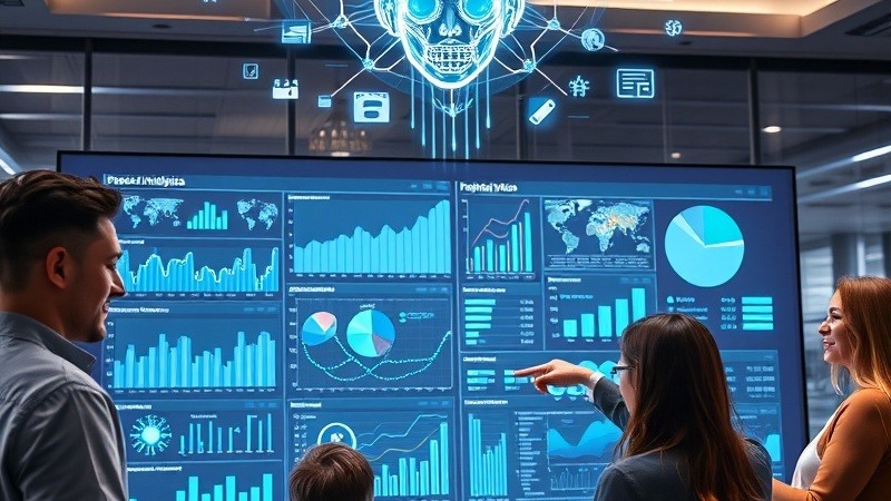 AI marketing tools in use by analysts in a modern office.