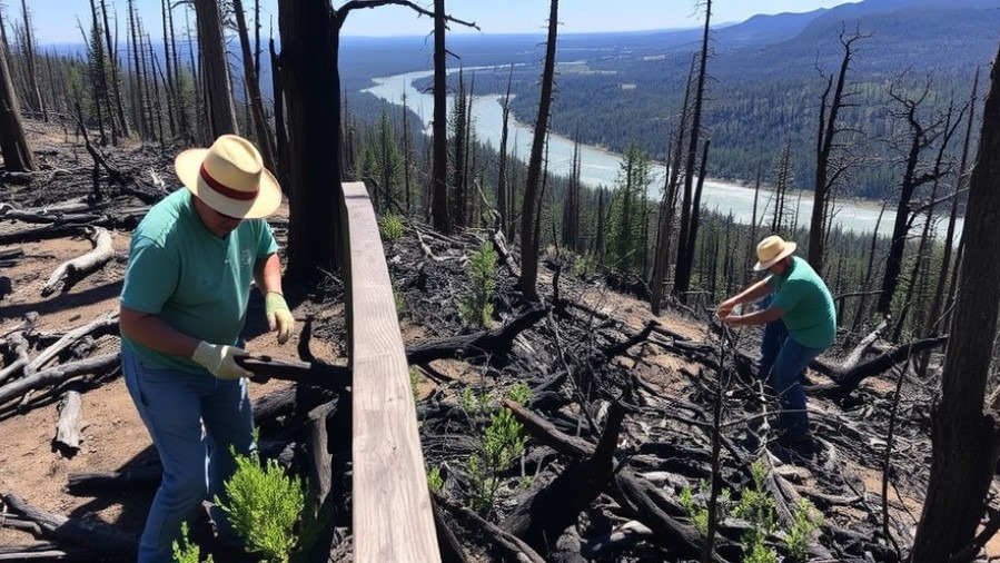 Volunteer crew repairs wooden railing in post-Jones Fire landscape.