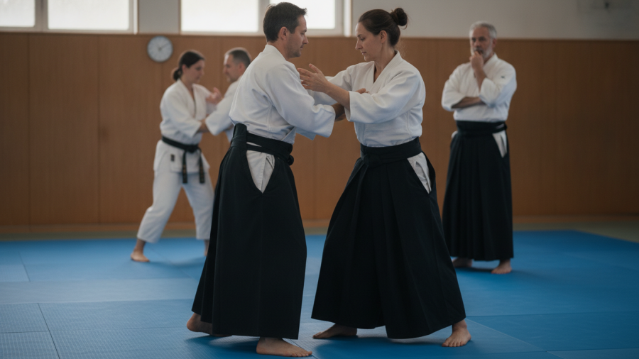 Aikido practitioners demonstrate balance and cooperation in a Sacramento dojo.