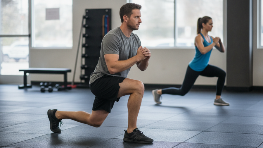 A man executing a forward lunge in a Sacramento gym, highlighting knee-friendly exercises.