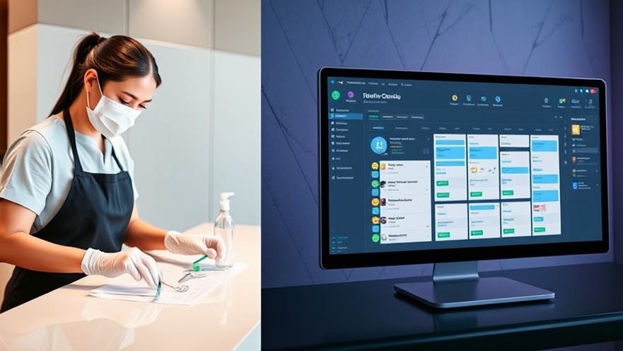 Spa staff disinfecting tools with modern inventory dashboard, showcasing sanitation protocols.