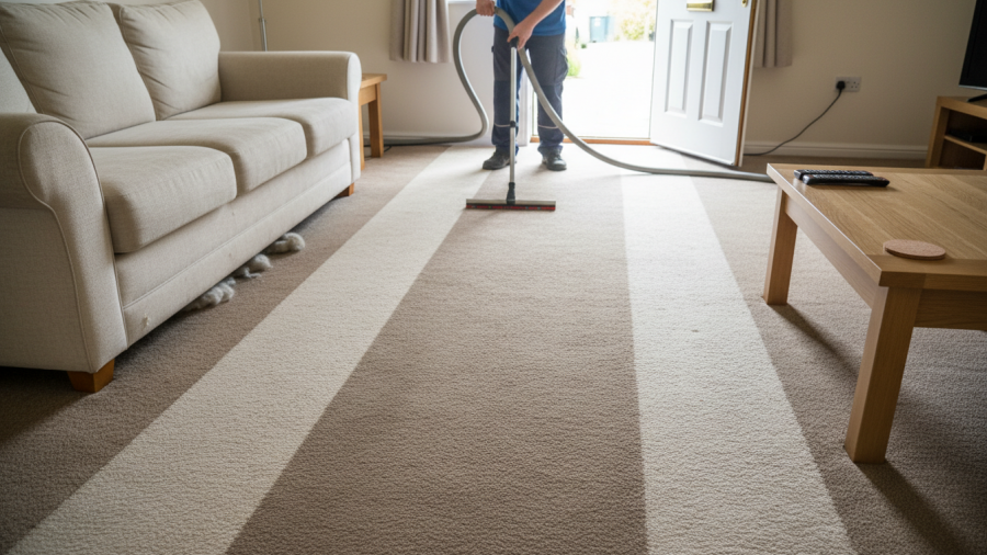 Realistic carpet cleaning setup showing equipment and cleaned areas in Sacramento home.
