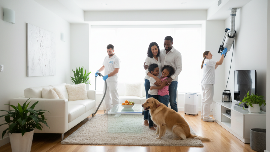 Professional cleaning enhances indoor air quality in a spotless living room with a happy family.