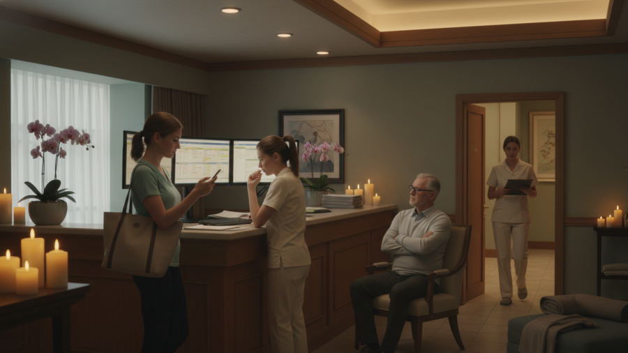 Spa reception with client uncertainty highlights gaps in customer retention strategies.