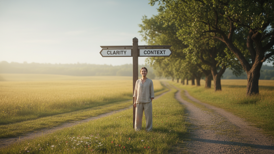A person at a crossroads labeled 'clarity' and 'context', symbolizing spa marketing automation.