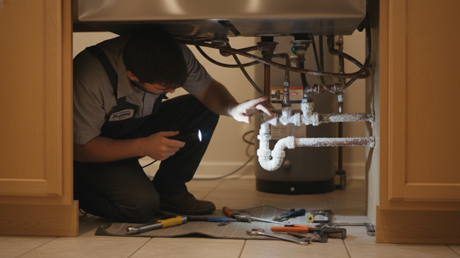 Sacramento plumber removing hard water scale buildup under kitchen sink