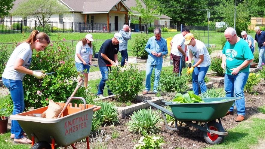 Volunteers tending to flower beds in a scenic garden near Sacramento.