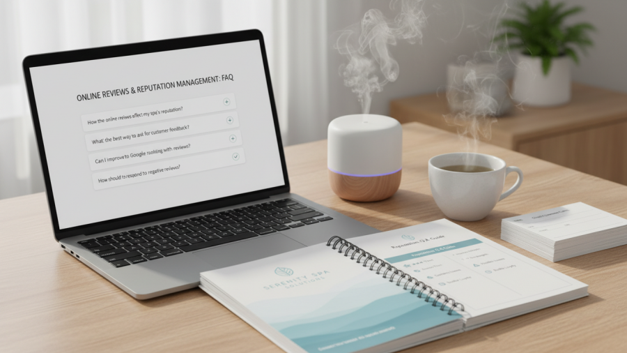 Organized workspace with laptop showing FAQ on online reviews and spa reputation management.