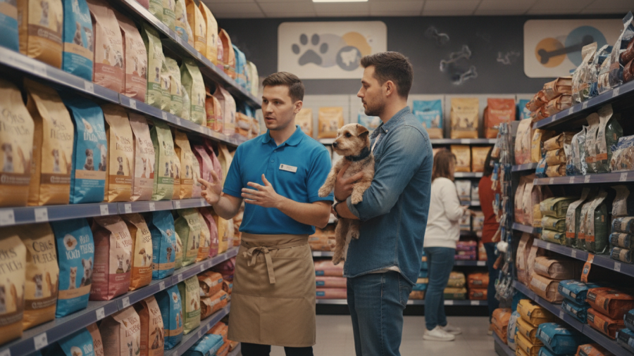 Staff advising a pet owner on Sacramento pet food brands in a local store.