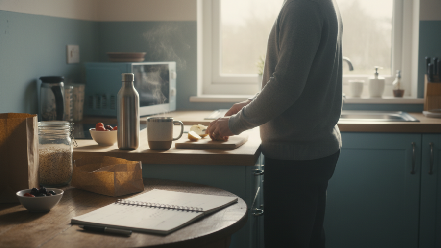 Mindset shifts for weight regain: a calm kitchen morning routine with healthy habits.