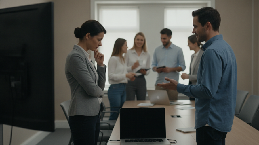 Presenter reflecting on feedback in a meeting, illustrating why criticism sticks with us.