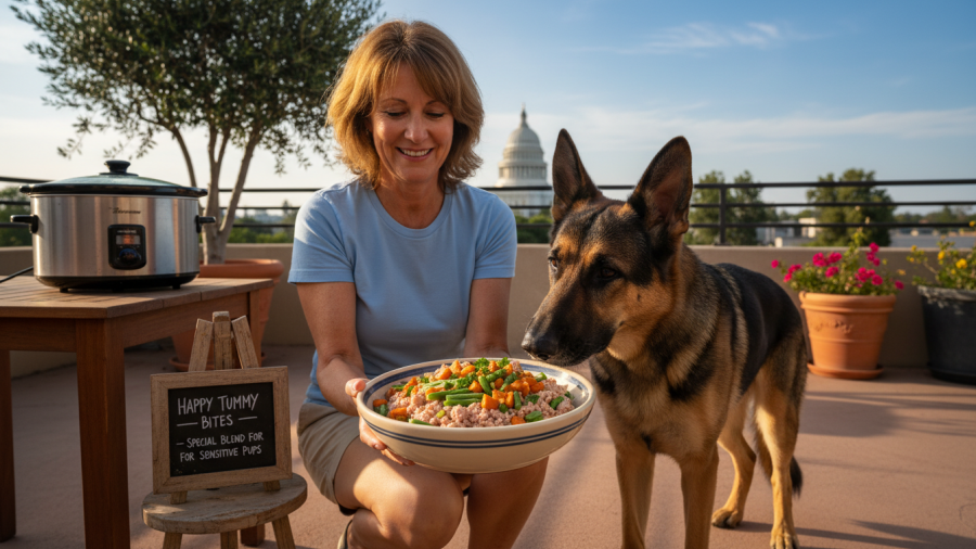 Sacramento pet owner serves fresh cooked dog food for sensitive stomachs to a German Shepherd.