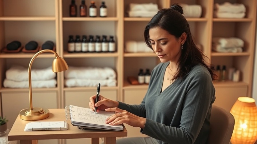 Spa owner planning her schedule with calm determination in a serene environment.