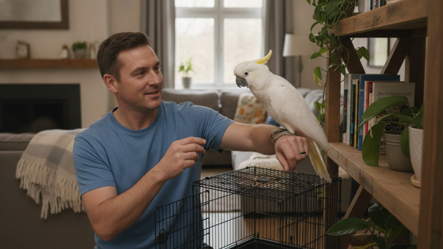 A male owner joyfully welcoming his adopted cockatoo, bringing home a parrot in Sacramento.