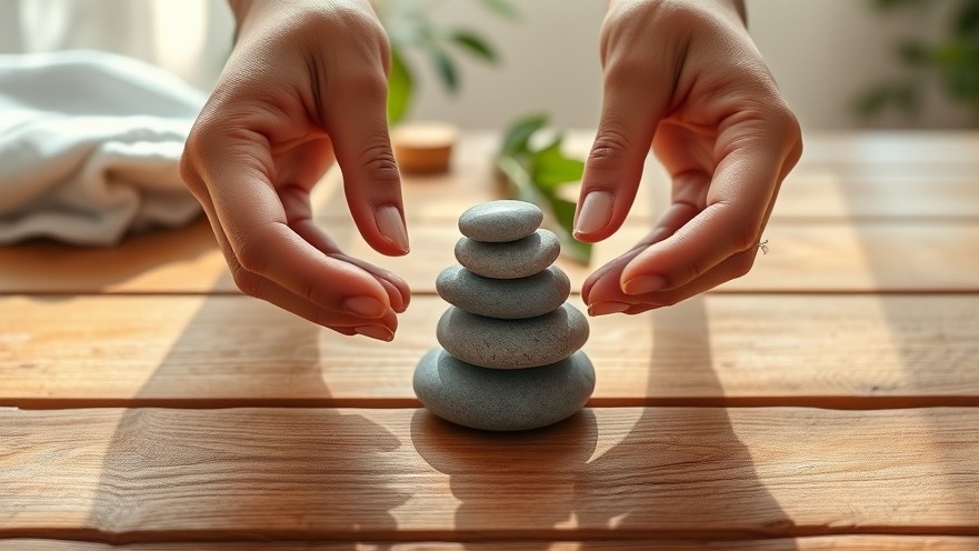 Hands aligning stones, symbolizing balance for women's leadership challenges and mental health.