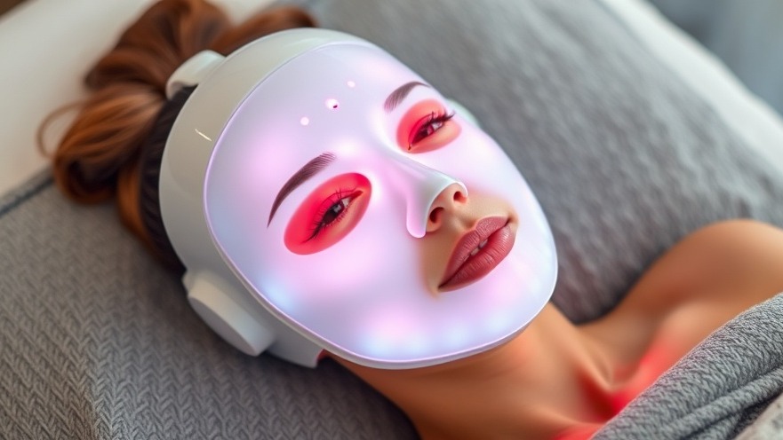 Woman in a LED light therapy mask glowing pink and red for skin rejuvenation.