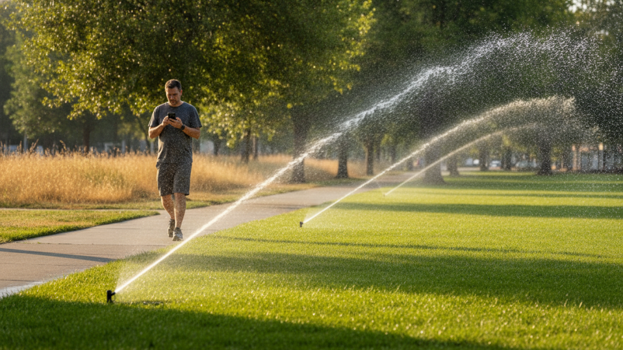 An adult walks by lawn sprinklers in Sacramento, focused on their smartphone amid familiar water use.
