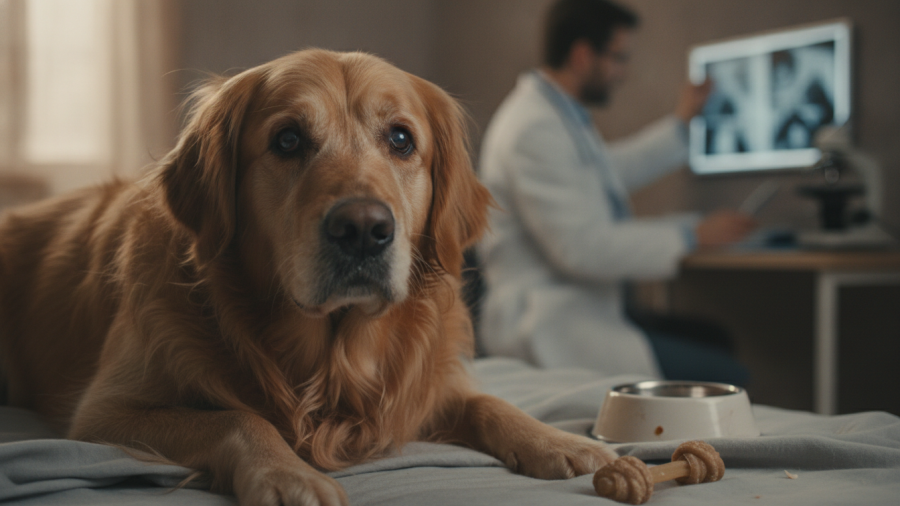 Veterinarian examining a dog for gut health after antibiotics.