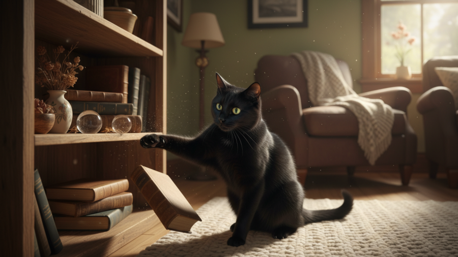 Curious black cat knocking items off shelf, illustrating why cats push things over.