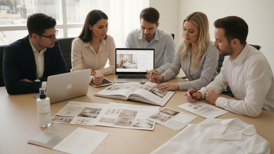 Medical spa marketing team reviews branding guide, showcasing modern design elements.