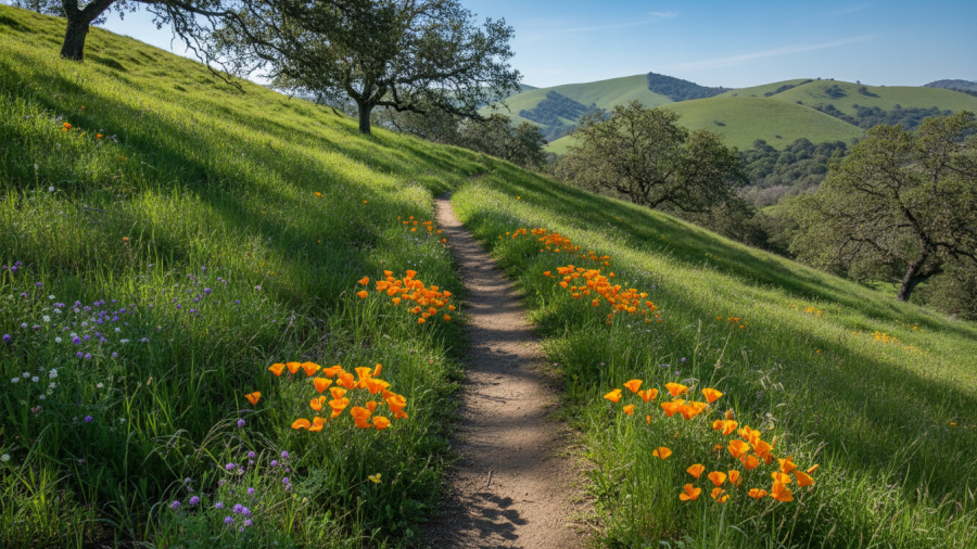 Spring trail at Cronan Ranch showcasing vibrant green hills and wildflowers.