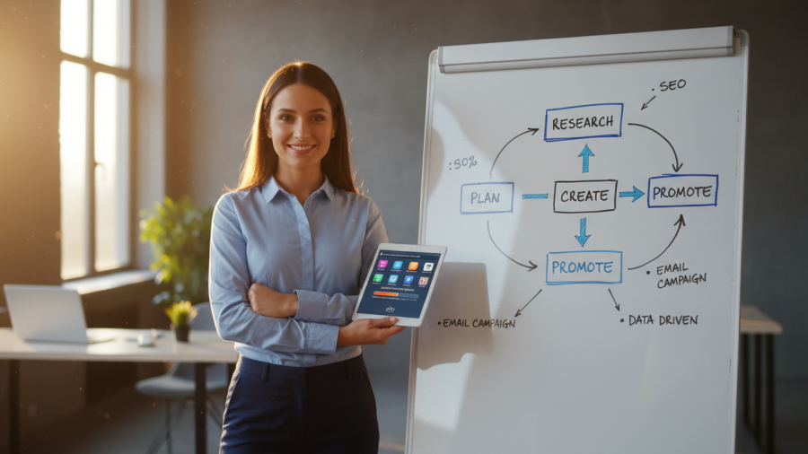 Small business owner showcasing content marketing strategies on a whiteboard.