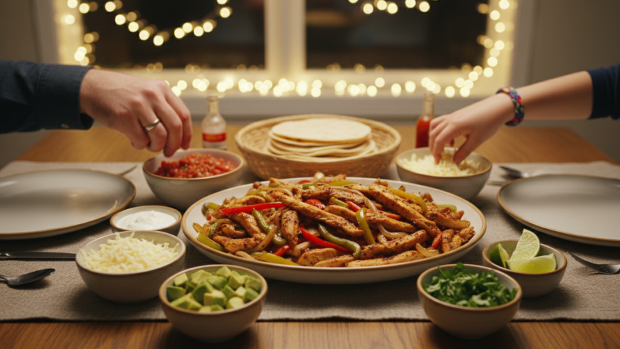 Cozy family meal prep with healthy eating and seasonal ingredients, inviting atmosphere.