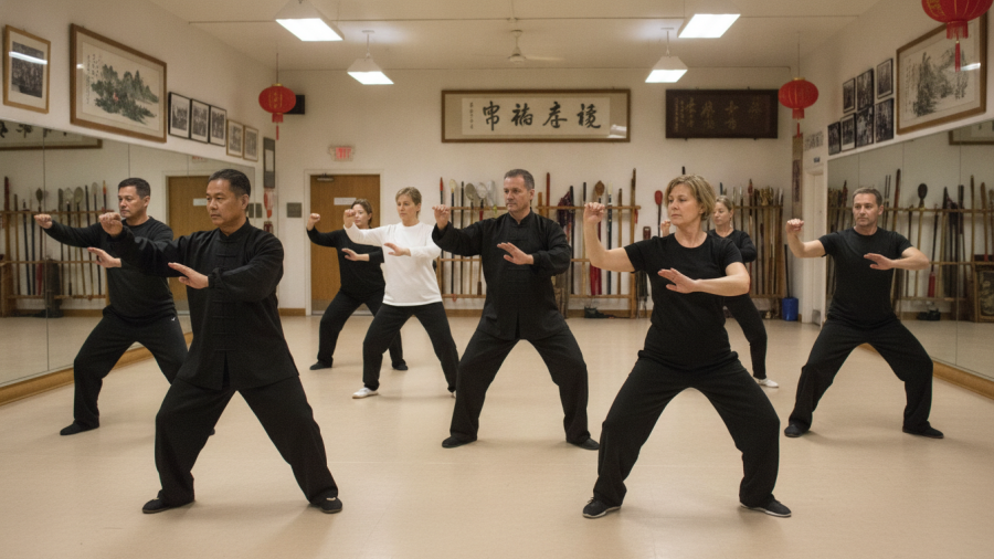 Indoor tai chi class practicing Yang style in Sacramento, promoting stress relief and balance.
