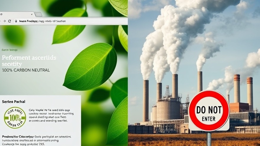 Contrasting views of a green corporate website vs. a polluting factory, showcasing environmental impact.