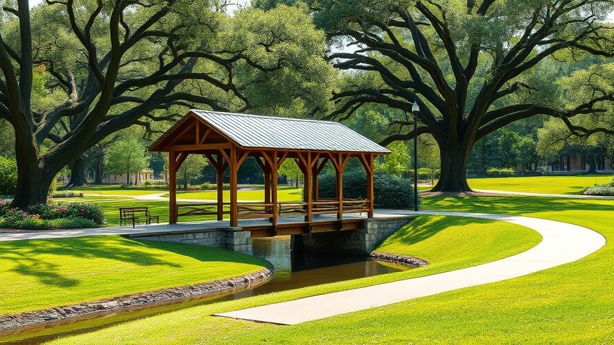 Photorealistic tranquil park with a wooden bridge over a grassy stream