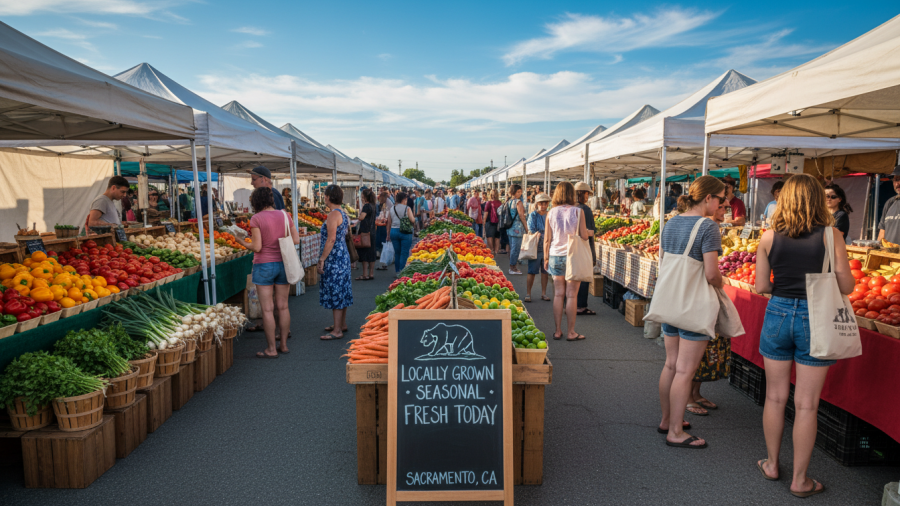 Outdoor farmers market scene showcasing seasonal ingredients for healthy eating and meal prep.