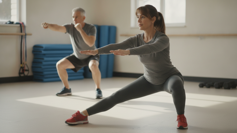 A woman demonstrating low-impact cardio through lateral squats in a fitness room.