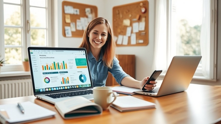 Small business owner utilizing AI-driven marketing on her laptop at a bright desk.
