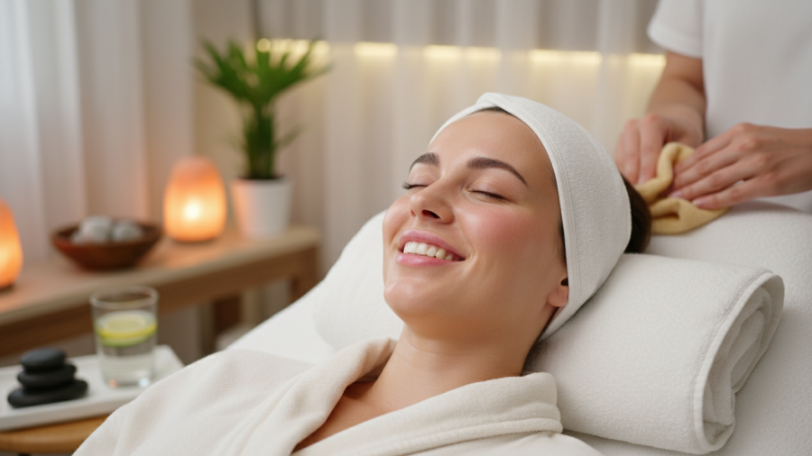 Guest enjoying smooth skin post-facial, highlighting spa inventory management.