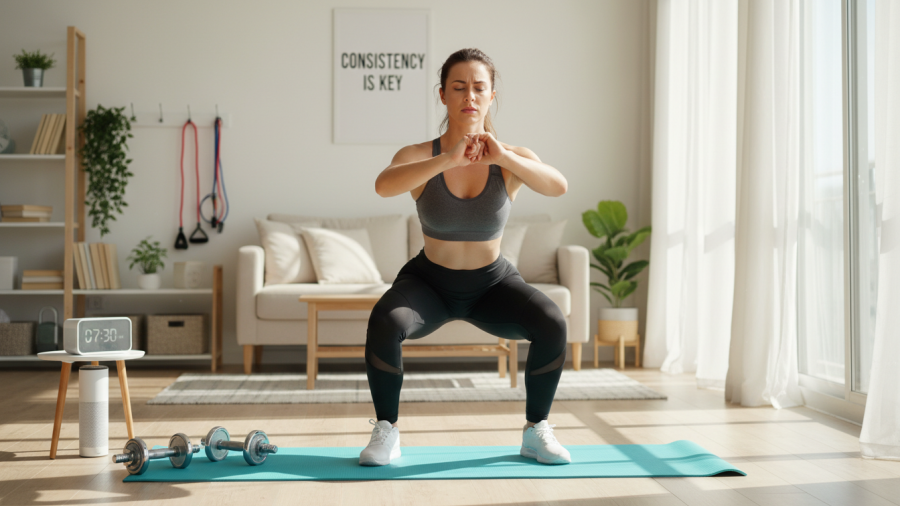 Home workout scene showcasing workout intensity and exercise consistency with a focused woman exercising.