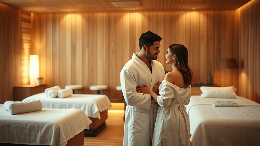 Warm spa room with a couple in robes enjoying in-room spa treatments, serene ambiance.