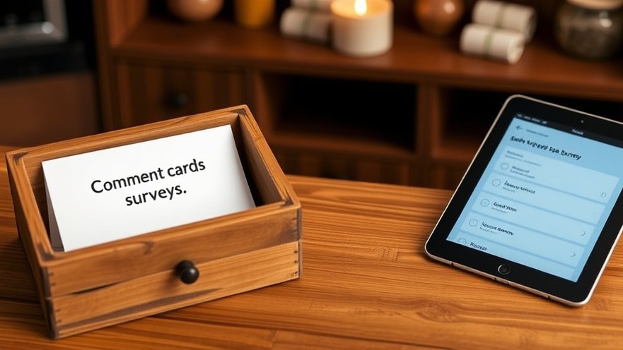 Wooden spa reception desk with a vintage comment card box and modern survey tablet.
