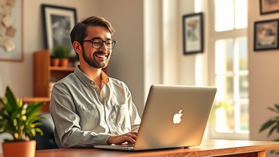 Small business owner smiling in a tidy office, reflecting effective content marketing strategies.
