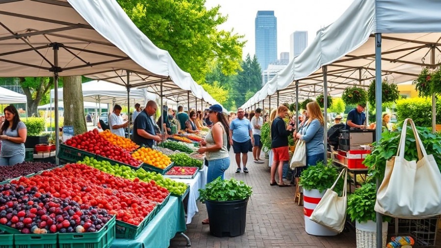 Vibrant outdoor farmers market in Sacramento featuring fresh produce and healthy chia seeds.