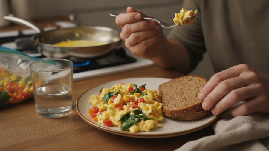 Quick and simple healthy meal: scrambled eggs with veggies and whole-grain toast.