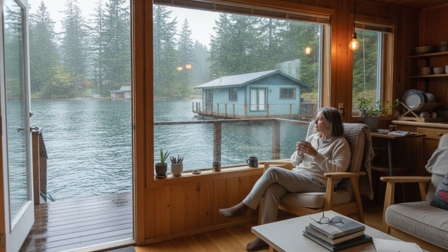Cozy floating home interior highlighting sustainable living next to rippling water.