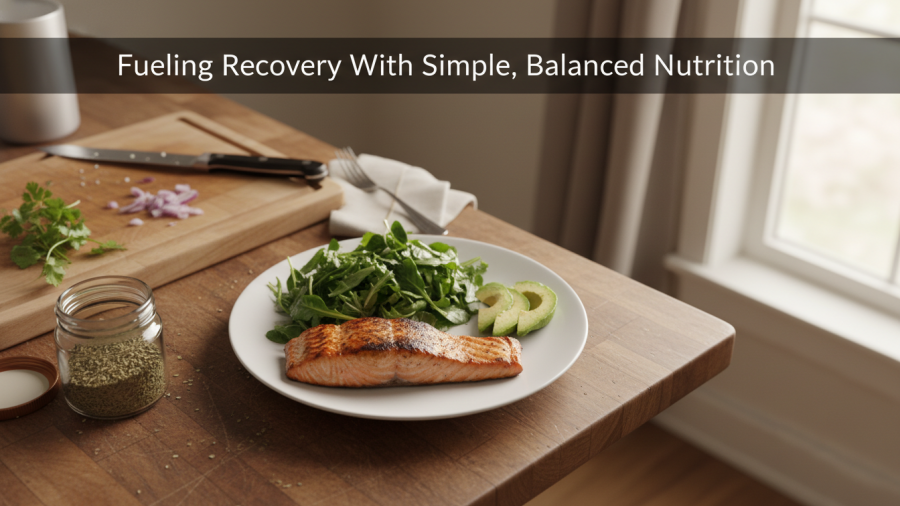 Nutrition aids recovery: grilled salmon, greens, and avocado in kitchen setting.