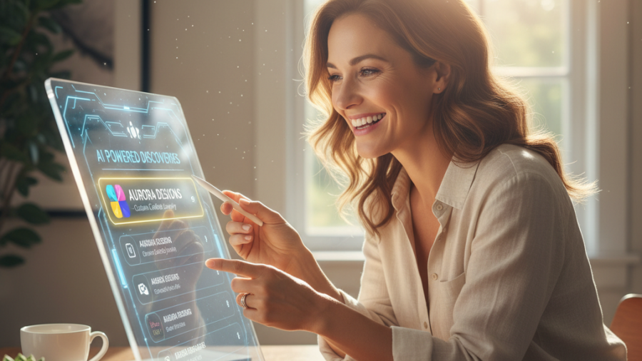 Small business owner smiles while using AI tools for SEO visibility tracking.