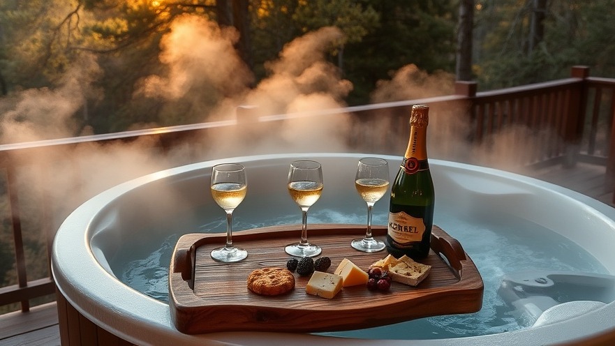 Mineral spring tub on a forest deck with wine and gourmet cheeses.